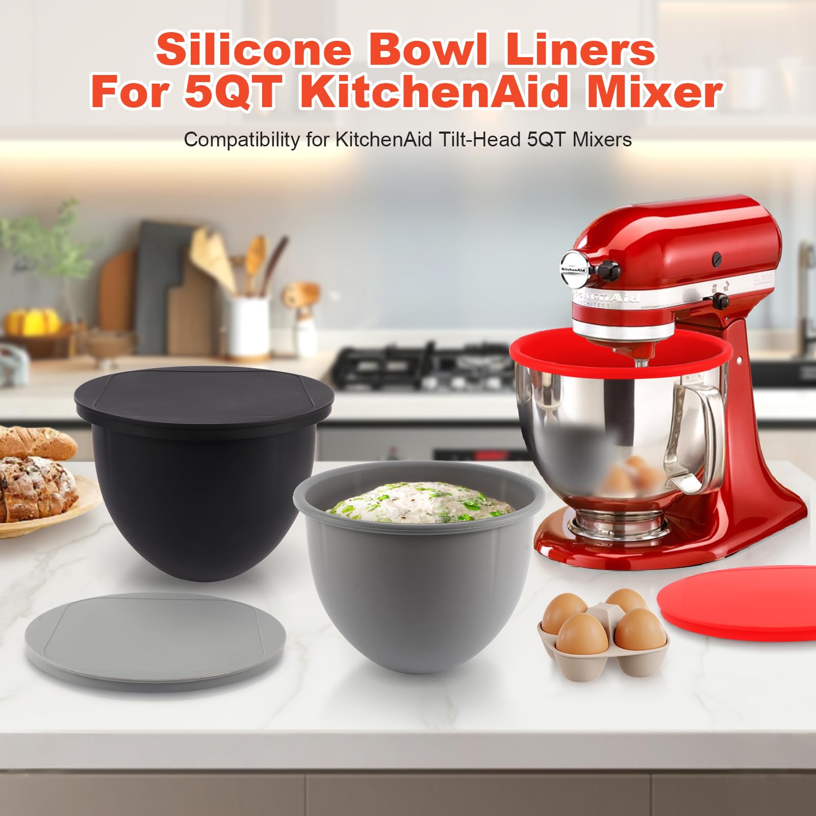 Amazon | KitchenAidミキサー用シリコンボウルライナー、5クォート用蓋